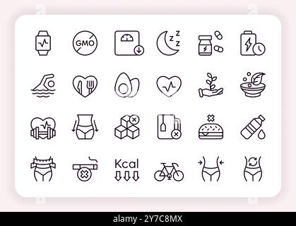Symbole für gesunde Lebensmittel. Gesundheit Diät. Magenentgiftung und Vitaminhaushalt. Ernährungsberaterin für Fettleibigkeit. Fitness-Workout. Fitnessraum, Sporttraining. Zucker- und laktosefrei. Allergenzeichen. Vektorliniensymbole festgelegt Stock Vektor