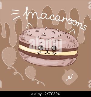 Macaron-Poster. Schokoladenkeks. Cartoon Food Charakter. Lächelndes Gesicht. Glücklicher Kuchen. Süßes französisches Dessert. Kawaii-Süßwaren. Ich liebe Gebäck. Kakaobonbons. Tropfender Sirup. Vektor-Kinderkarten-Design Stock Vektor