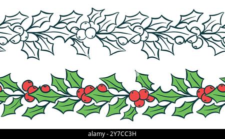 Stechpalmengirlande nahtloses Muster mit Blättern und Beeren. Handgezeichnete Girlanden für Weihnachtsrahmen und Kränze für Grußkarte, Einladungsdesign. Vec Stock Vektor