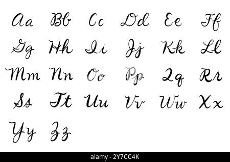 Handgezeichnete Schriftart, kursive Schriftart. Pinsel Tinte Buchstaben. Handgeschriebenes Alphabet auf weißem Hintergrund. Handgefertigtes Alphabet für Ihr d Stock Vektor