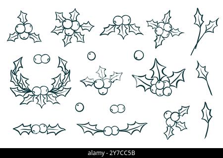 Weihnachtliche stechpalme-Ikone mit Blättern und Beeren. Handgezeichnet mit Umrissen Designelemente für Winterferienrahmen und Kränze für Grußkarte, in Stock Vektor