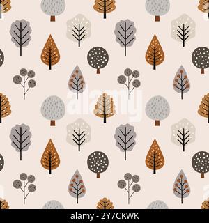 Nahtloses Herbstmuster mit abstrakten Bäumen in neutralen und warmen skandinavischen Farben. Stock Vektor