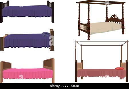 Gemütliches, modernes Schlafbett für das Apartment. Vektor-Illustrationen von bequemen Betten collection.set Icons Möbel Doppelbett Stock Vektor