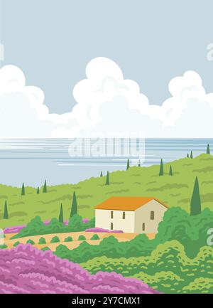 Wunderschöne ländliche Südlandschaft mit Natur und Haus. Bauernhof Weinberge, Bäume, Lavendel, Berge und Meer. Französische Provence. Vektorgrafik-Illustration Stock Vektor