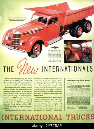 1937 International Harvester 6-Rad-Kipplaster Boulder-Dam Karosserie Ad Stockfoto