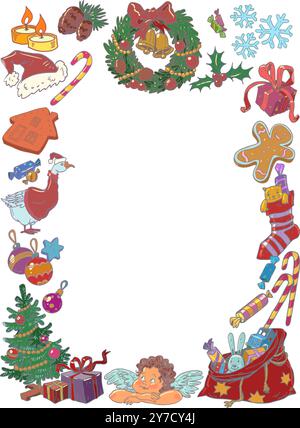 Silvester Weihnachtsrahmen. Gästekarte für das kommende Weihnachten. Urlaubsatmosphäre in Geschäften. Stock Vektor