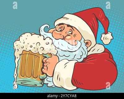 Der Weihnachtsmann hält ein Glas schaumiges Ale. Neujahr in Bars und Restaurants. Lieferung köstlicher für Weihnachten und Feiertage. Stock Vektor