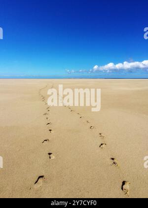 Fußspuren im Sand an einem Strand, der zum Meer führt, Fanoe, Jütland, Dänemark Stockfoto