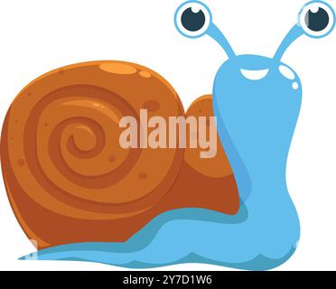 Cartoon-Illustration einer niedlichen Schnecke mit großen Augen, einer braunen Schale und einem blauen Körper, schlängelnd und lächelnd Stock Vektor