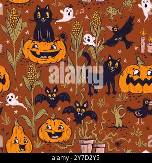 Lustiges Halloween-Vintage-Muster im Retro-Cartoon-Stil. Niedliche schwarze Katzen, Kürbisse und Fledermäuse für die Halloween-Party. Stockfoto