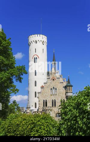 Schloss Lichtenstein, Märchenschloss Württemberg, historisches Gebäude, Wahrzeichen der Schwäbischen Alb, Honau, Lichtenstein, Reutlingen, Ba Stockfoto