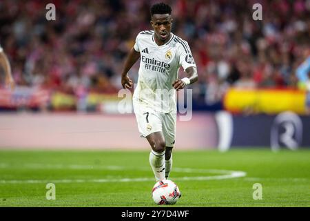 Vinicius Junior (Jr) von Real Madrid während des spanischen Meisterschaftsspiels der LaLiga zwischen Atletico de Madrid und Real Madrid am 29. September 2024 im Civitas Metropolitano Stadion in Madrid Stockfoto