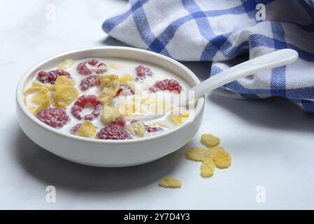 Himbeeren und Cornflakes mit Milch in einer Schüssel, Rubus idaeus Stockfoto