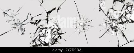 Satz von Rissen auf gebrochenem Glas, Kugeln aus einem Schuss. Collage von 4 Fotos für Design Stockfoto