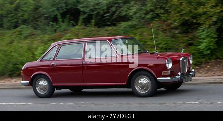 Milton Keynes, Großbritannien - 29. September 2024: 1971 roter Wolseley Oldtimer, der auf einer britischen Straße fährt Stockfoto