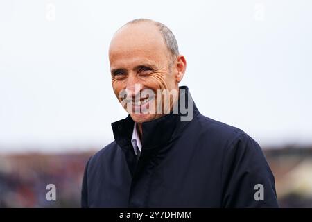 Bristol, Großbritannien, 29. September 2024. Sky Sports Experte und ehemaliger England Captain Nasser Hussain während des 5. Metro Bank One Day International Matches zwischen England und Australien. Quelle: Robbie Stephenson/Gloucestershire Cricket/Alamy Live News Stockfoto