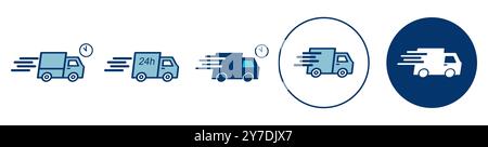 Set, Sammlung von bunten Lieferwagen, schnell fahrende Lieferwagen. Vektorsymbole, Logodesigns Stock Vektor