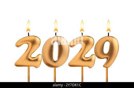 Happy New Year 2029 - Kerzen in Form von leuchtenden Zahlen Stockfoto