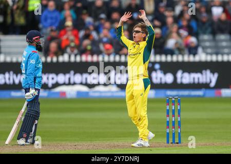 Bristol, Großbritannien. September 2024. Adam Zampa aus Australien reagiert beim Fifth Metro Bank One Day International Match England gegen Australien im SEAT Unique Stadium, Bristol, Großbritannien, 29. September 2024 (Foto: Gareth Evans/News Images) in Bristol, Großbritannien am 29. September 2024. (Foto: Gareth Evans/News Images/SIPA USA) Credit: SIPA USA/Alamy Live News Stockfoto