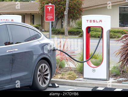 Alameda, KALIFORNIEN - 25. Mai 2024: Nahaufnahme der Tesla Supercharging Station an EV angeschlossen. Tesla Kompressorstationen ermöglichen eine schnelle Aufladung von Tesla-Fahrzeugen Stockfoto