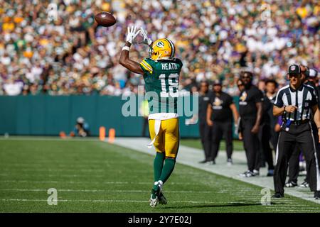 29. September 2024: [Malik Heath] macht einen Fang während des NFL-Fußballspiels zwischen den Minnesota Vikings und den Green Bay Packers im Lambeau Field in Green Bay, Wisconsin. Darren Lee/CSM (Bild: © Darren Lee/Cal Sport Media) Stockfoto