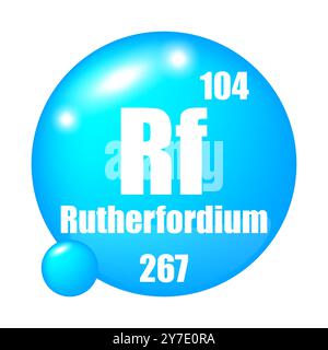 Rutherfordium-Symbol. Chemisches HF-Element. Atomzahl 104. Masse 267. Blaues Kugelsymbol. Stock Vektor