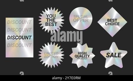 Holografische Aufkleber Logos Emblem Etiketten irisierende Farben Set. Zur Verpackung von Werbematerial. Aufkleber für Kleidung oder Accessoires. Vektorabbildung. Stock Vektor