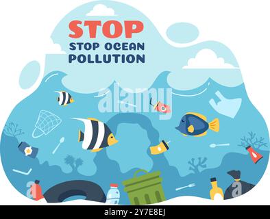 Stop Ocean Plastic Pollution Vector Illustration mit Müll unter dem Meer wie Müllbeutel und Flaschen, die das Ökosystem der Fische und Korallenriffe schädigen Stock Vektor