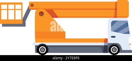 Der orange-weiße Hochhubwagen ist ein schweres Maschinenfahrzeug, mit dem Arbeiter in große Höhen befördert werden Stock Vektor