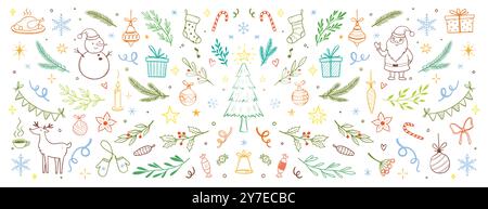 Weihnachten gezeichneter Weihnachtsbaum, Blatt, stechpalmenblume Hintergrund. Handgezeichnete Kritzelskizze stechpalme Blumen, weihnachtsbaumblätter, Winterkiefer. Weihnachtsschmuck, rustikale Kränzskizze. Vektorabbildung Stock Vektor