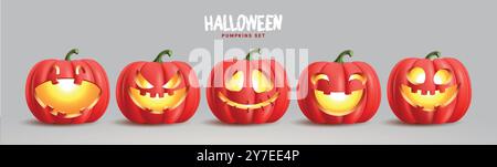Halloween Laterne Kürbisse Vektor Set Design. Halloween süße und lustige orange Jack o Laterne Kürbisse Elemente mit gruseligen, gruseligen und gruseligen Gesichtspunkten Stock Vektor