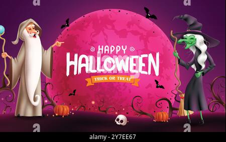 Happy halloween Text Vektor Banner Design. Zauberer- und Hexenfiguren halten Zauberstab und Besen in gruseliger rosafarbener Vollmond-Hintergrund Stock Vektor