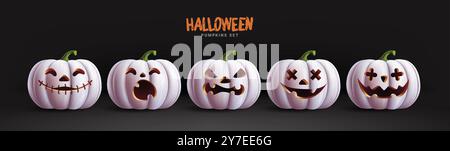 Halloween weiße Kürbisse Vektor Set Design. Halloween-Kürbisse mit Gesichtsausdrücken wie süß, lustig, gruselig und gruselig Stock Vektor