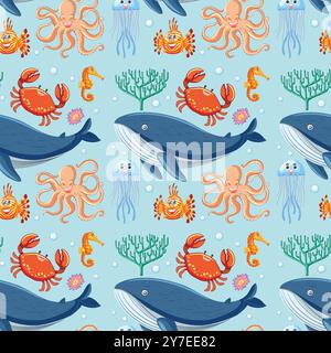Farbenfrohe Meeresbewohner in einem nahtlosen Muster Stock Vektor
