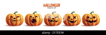 Halloween Kürbisse Set Vektor Design. Halloween Orange Kürbis mit lustigen Gesichtern für die Weihnachtszeit gruselige Trick or Treat Kollektion isoliert in weiß Stock Vektor