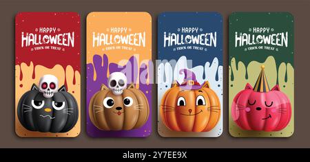 Halloween Grußkarte Kürbisse Vektor Poster Design. Kürbiskatzenfiguren in farbenfroher abstrakter Hintergrundkollektion für halloween-Kartenvorlagen. Stock Vektor