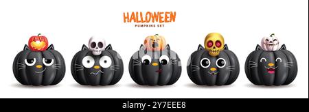 Halloween Kürbisse schwarz Vektor Set Design. Halloween schwarze Katze Kürbis Charaktere mit gruseligen, gruseligen und gruseligen Elementen isoliert auf weißem Hintergrund. Stock Vektor