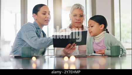 Oma, Kind und Mutter mit Bibel seit Generationen zu Hause, lehrt und lernt Religion. Familie, Frauen und kleines Mädchen mit Schriften im Haus Stockfoto