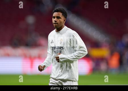 Madrid, Spanien. September 2024. Rodrygo Goes von Real Madrid CF wärmt sich vor dem Fußballspiel der La Liga EA Sports Week 8 2024/2025 zwischen Atletico Madrid und Real Madrid CF im Stadion Civitas Metropoliano auf. Endergebnis: Atletico Madrid 1: 1 Real Madrid CF (Foto: Federico Titone/SOPA Images/SIPA USA) Credit: SIPA USA/Alamy Live News Stockfoto