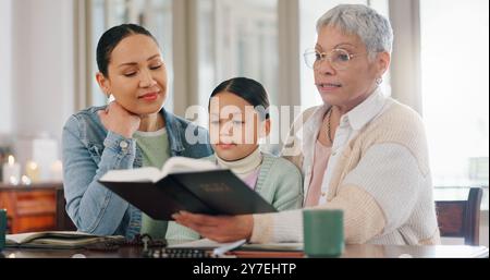 Großmutter, Kind und Mutter mit Bibel seit Generationen zu Hause, Gottesdienst und Religionsunterricht. Familie, Frauen und kleines Mädchen mit Schriften im Haus Stockfoto