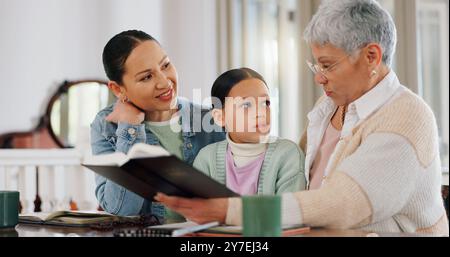 Mutter, Kind und Großmutter mit Bibel seit Generationen zu Hause, Anbetung und Wachstum in christlicher Religion. Familie, Frauen und Mädchen mit Schriften am Tisch Stockfoto