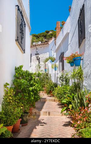 Gemütliche Straße im Dorf Mijas Pueblo am Hügel. Andalusien, Spanien Stockfoto