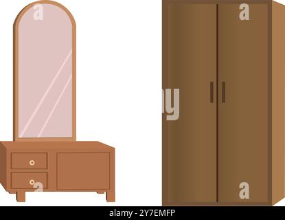 Kleiderschrank und Frisiertisch isoliert auf weißem Hintergrund. Möbelkollektion. Interior Element Collection. Holzmöbel Set Icon Vektor Illustrat Stock Vektor