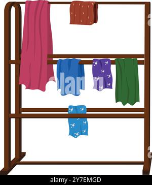 Kleiderständer, Gewebestange. Display-Element anzeigen. alna Kleidung hölzerne Rack Vektor Illustration isoliert auf weißem Hintergrund Stock Vektor