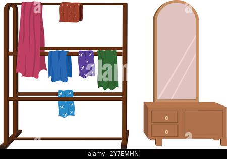Frisiertisch und ein Kleiderständer oder Regal flach isoliert. Möbel Set Icon Vektor Illustration Stock Vektor