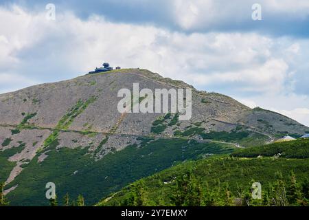 Panoramablick auf den gewundenen Bergweg, der zum Gipfel des Sniezka führt, und Wandertouristen auf dem Weg in Karpacz, Polen. Reisetourismus und Wanderkonzept Stockfoto