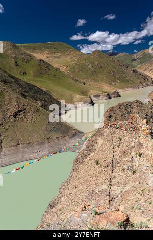 Wunderschöne Aussicht vom Simi La Pass in der Nähe des Manla Reservoir, Tibet, blauer Himmel Stockfoto