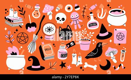 Trendiges Halloween-Element-Set. Hexenhandwerk, Katze, Rabe, Hexenhut, Trank und Kessel. Für Karte, Aufkleber, Poster Stock Vektor