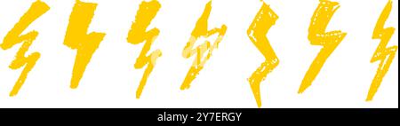 Set von Blitz durch Wachsstift Zeichnung. Sammlung von handgezeichneter Kreide, Lichthupen, Doodle Donner Bolts, goldenen Designelementen Stock Vektor