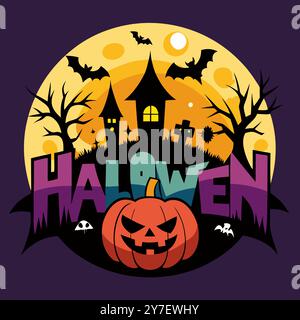 Gruselige Halloween-Nacht mit Haunted House und Kürbis. Ein Spukhaus, Jack-o'-Laterne, Fledermäuse und Vollmond, die das Wesen der Halloween-Nacht einfangen. Stock Vektor